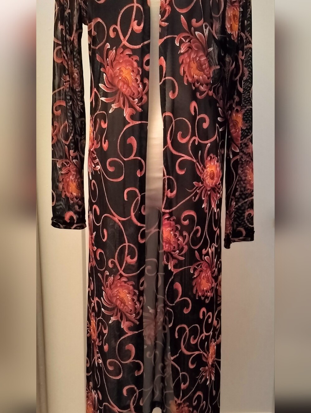 Floral Print Long Open Front Duster Jacket - Black with Coral Accents, Size S
